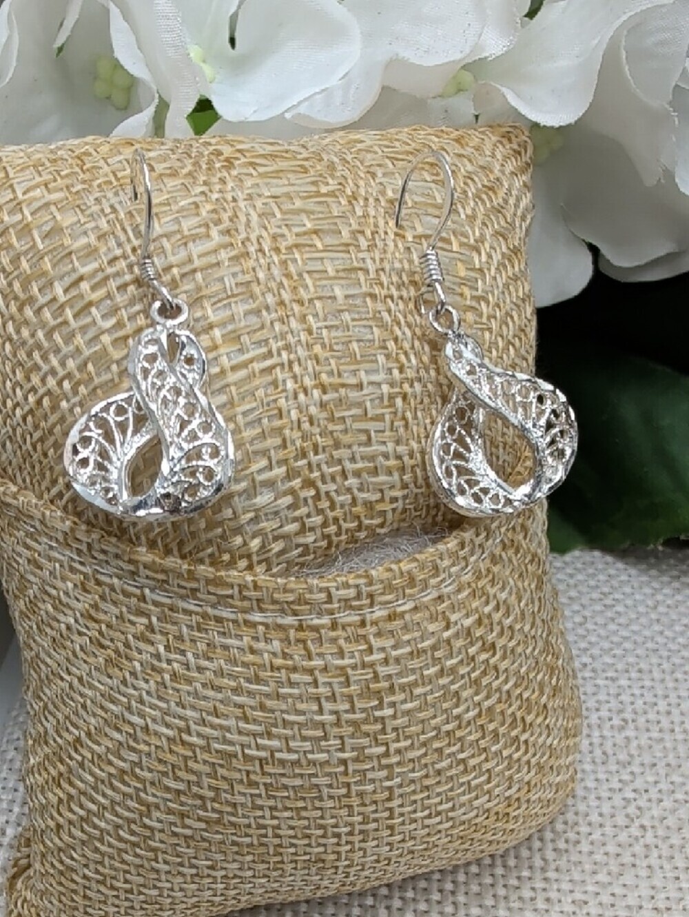 Vintage Sterling Silver 925 Filigree Lace Drop Earrings Dangle Art Nouveau - Picture 9 of 17